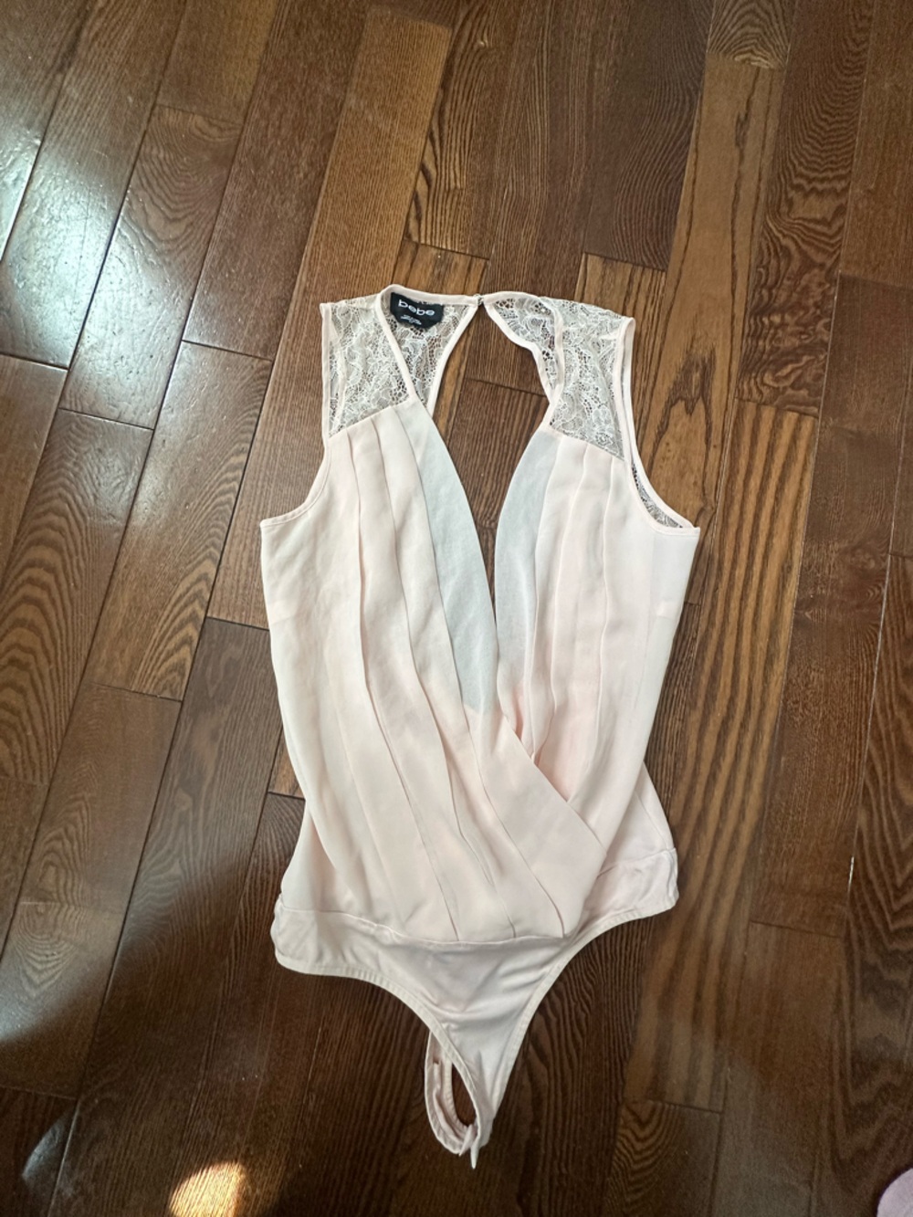 bebe Pale Pink Lace-Trim Wrap Front Bodysuit